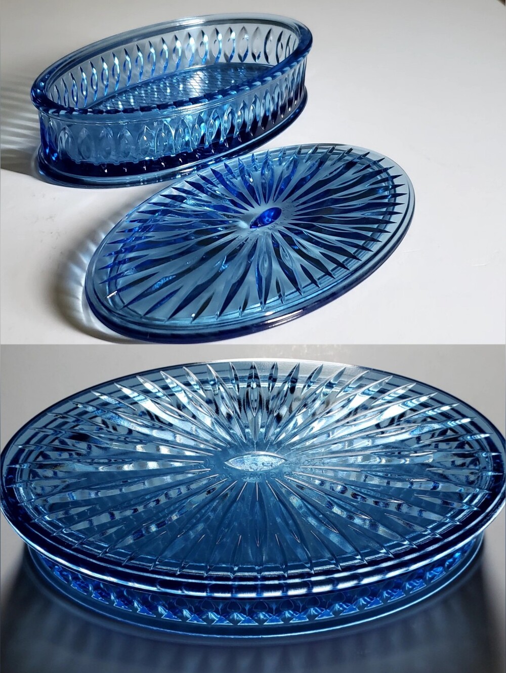 7 1/4" x 4" Oval Exquisitely Detailed Blue Glass Trinket Box With Lid 2011 - Picture 3 of 15